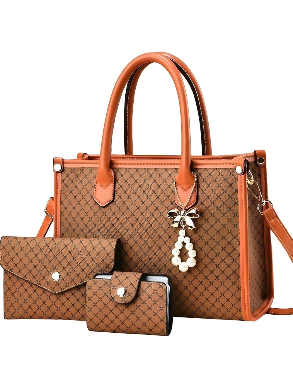 Women's Brown Tote Bag with Orange Trim and Matching Wallets